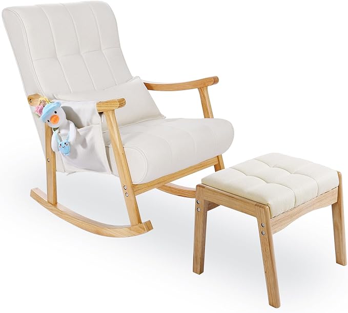 NOBLEMOOD Upholstered Rocking Chair with Ottoman Modern Indoor Nursery Glider Rocker Chair Solid Wood High Back Armchair with Fabric Padded Seat for Living Room Bedroom
