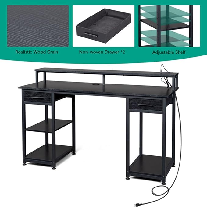 Black Modern Home Office Desk Rustic Computer Desk with Storage Cabinet Wood Home Office Desk with 2 Power Sockets and 2 USB Power Interfa