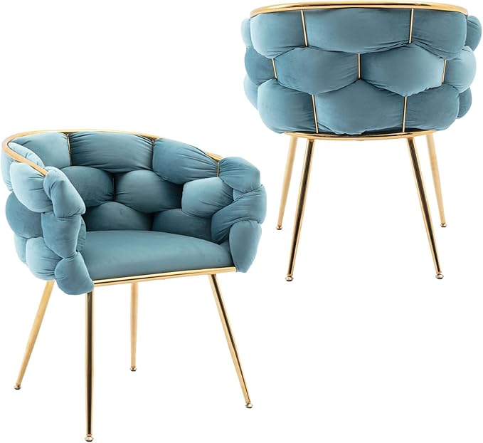 NIOIIKIT Modern Velvet Dining Chairs Set of 2 Hand Weaving Upholstered Vanity Chairs with Gold Metal Legs Leisure Single Sofa Armchairs Comfy Accent Chairs for Living Room Bedroom (Blue)