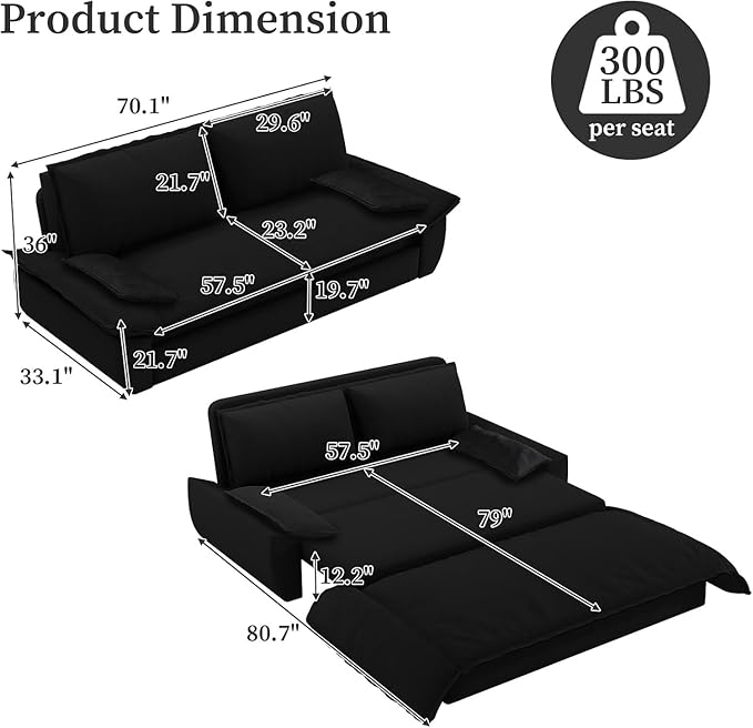 Rovibek 73 Pull Out Couch Queen Size 3 in 1 Convertible Sleeper Sofa Bed Velvet Convertible Sofa Bed Futon Loveseat Sleeper for Living Room Apartment Black