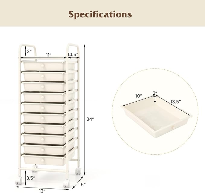 Giantex 10-Drawer Storage Cart w/Universal Wheel Rolling Cart w/Handle Home Organizer Storage Unit w/Removable Drawers Trolley Utility Cart for Kitchen Makeup Living Room Office Play Room Ivory