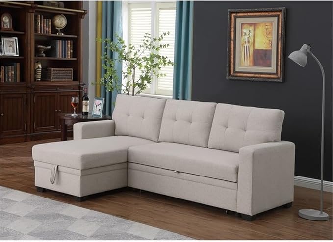 Devion Furniture L-Shaped Polyester Fabric Reversible Easy Convertible Pull-Out Sleeper Sectional Sofa/Storage Chaise with Tufted Back Cushions and Track Arms in Beige