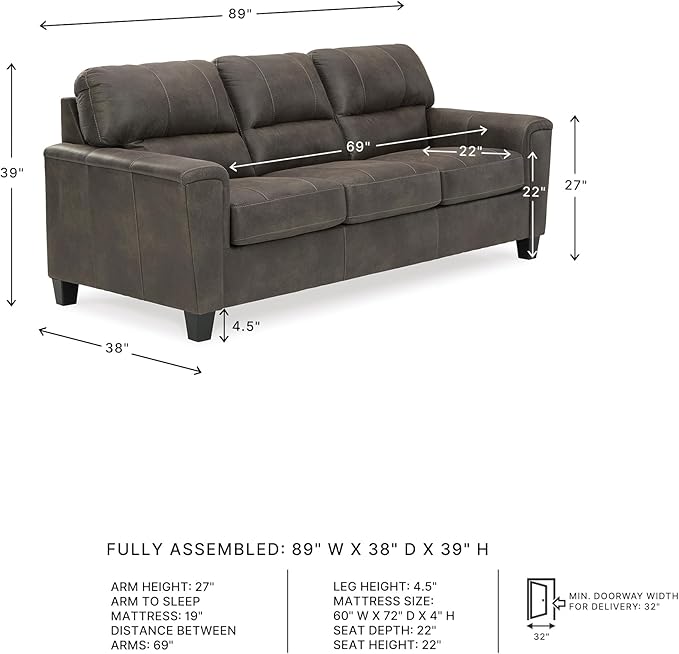 Signature Design by Ashley Navi Faux Leather Modern Queen Sofa Sleeper Gray