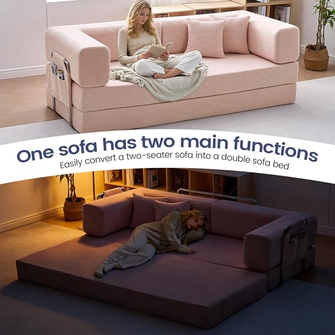Folding Sofa Bed Convertable Corduroy Couch King Size Floor Sleeper 4-in-1 DIY Combination Modular Sofa Fold Out Futon Lounge Comfy Foldable Lazy cama for Living Room (Pink 80.15)