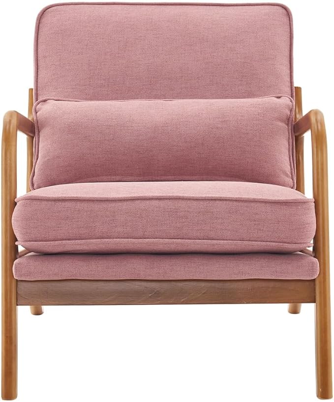 Accent Chair Mid-Century Modern Upholstered Armchair with Lumbar Pillow Comfy Lounge Chair Reading Chair with Solid Wood Frame &amp Soft Cushion for Living Room Bedroom Balcony Pink