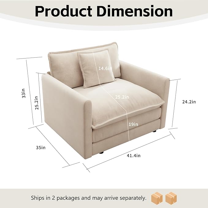 Modular Sectional Sofa 41 Chenille Single Seat Sofa with Pillow &amp Armrests Ultra Soft Cloud Sectional Couch Modern Deep Seat Sofa for Living Room (Khaki Single Seat)