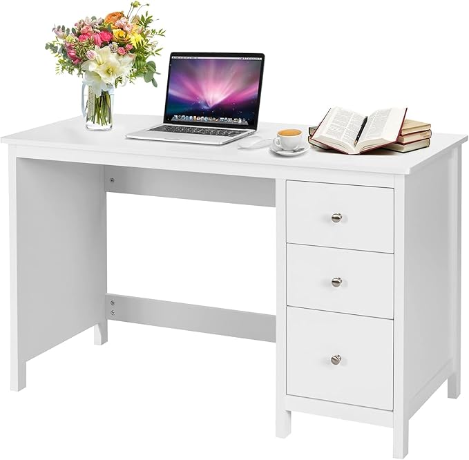 GOFLAME 3-Drawer Computer Desk Study Desk with Spacious Desktop Modern Writing Desk Compact Laptop Desk Multipurpose Workstation for Home Office White