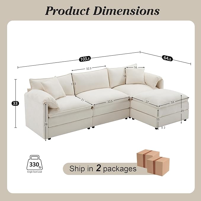 103.5 L Shaped Modern Cloud Sofa Modular Sectional Couch with Ottoman 4-Seat Chenille Deep Seat Sofa with Pillow for Living Room Bedroom and Apartment White