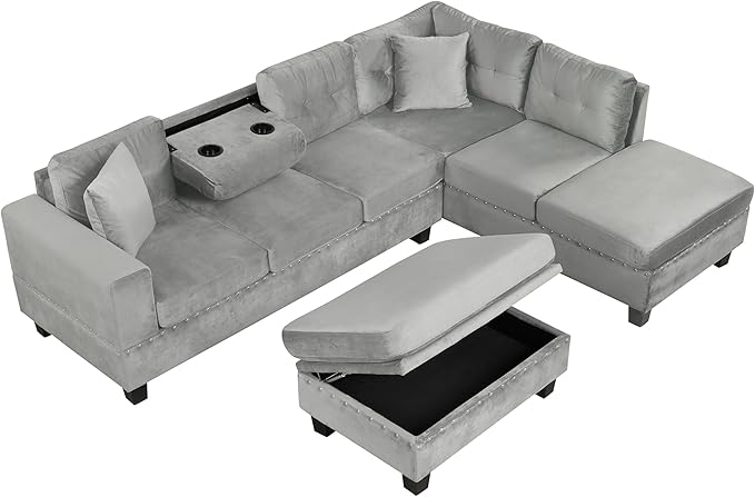 P PURLOVE Modern Sectional Sofa for Living Room Polyester L-Shape Couch with Storage Ottoman and 2 Pillows and Cup Holder Livingroom Sofa with Reversible Chaise for Apartment Studio (Gray)