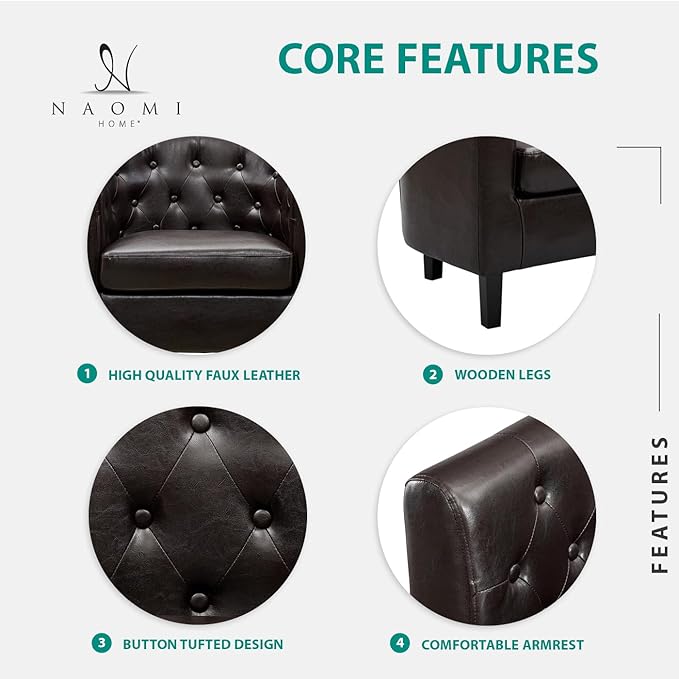 Modern Tufted Faux Leather Accent Chair with Barrel Back Design Thick Cushions &amp Wood Legs – Elegant Statement Chair for Living Room &amp Home Décor