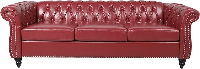 LEVNARY Chesterfield Sofa Classic Tufted Upholstered Leather Couch Modern 3 Seater Couch Furniture with Tufted Back for Living Room Office (Wine Red)