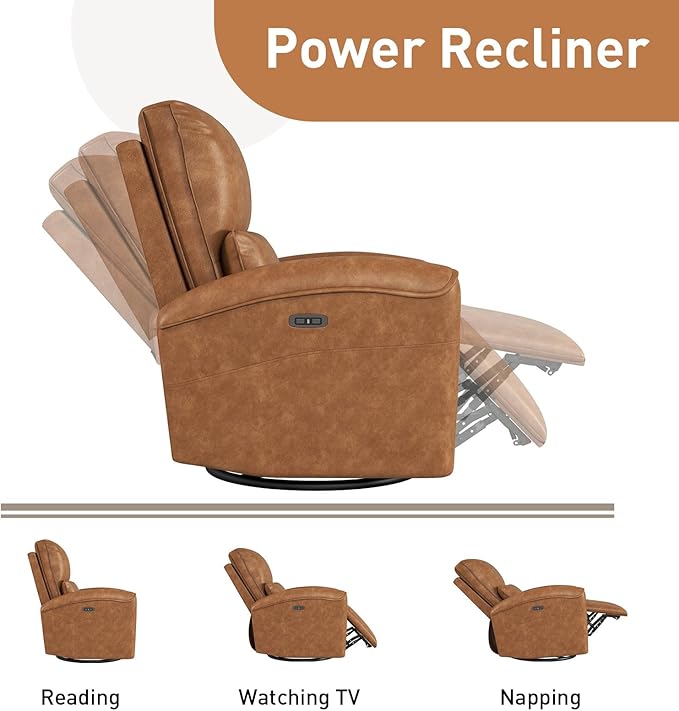 Bonzy Home Power Swivel Rocker Recliner Chair with USB Port 23.2 Wide Seat Fixed Lumbar Support Upholstered Glider Chair for Nursery Living Room Brown