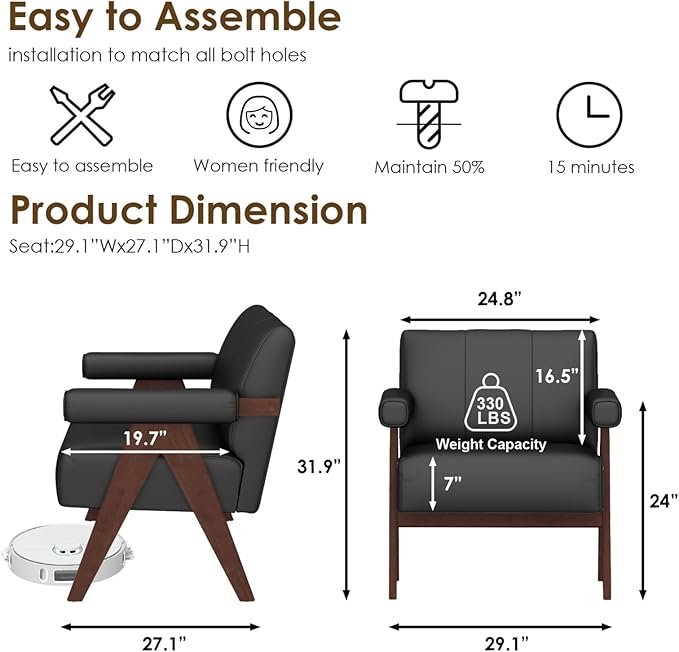 STHOUYN Black Leather Accent Chairs Set of 2 Mid Century Modern Accent Chair Side Arm Chairs for Living Room Office Guest Waiting Room Chairs (2 Black)