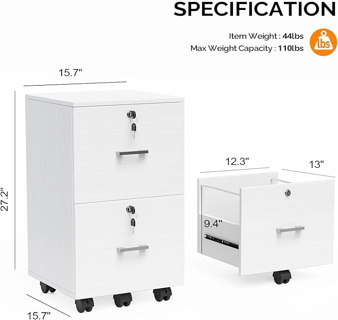 VINGLI 2 Drawer File Cabinet with Lock Wood Grain White File Cabinets for Letter Size File Folders with Tabs Mobile Under Desk Filing Cabinets for Home Office Rolling Filing Cabinet Printer Stand