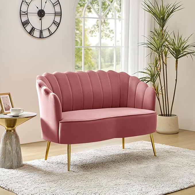 Velvet Upholstered Loveseat Sofa with Gold Metal Legs Modern Comfy Small Love Seat with Flower Shaped Back 2-Seater Sofa Accent Couch for Living Bedroom Leisure Areas Rose Wood