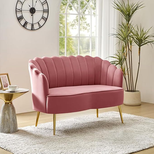 Velvet Upholstered Loveseat Sofa with Gold Metal Legs Modern Comfy Small Love Seat with Flower Shaped Back 2-Seater Sofa Accent Couch for Living Bedroom Leisure Areas Rose Wood