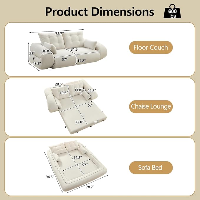 78.7'' Folding Sleeper Sofa 3 in 1 Folding Sofa Bed Teddy Couch Upholstered Deep Seat Bean Bag Lounge Recliner Oversized Human Dog Bed for Living Room Playroom Bedroom(Beige)