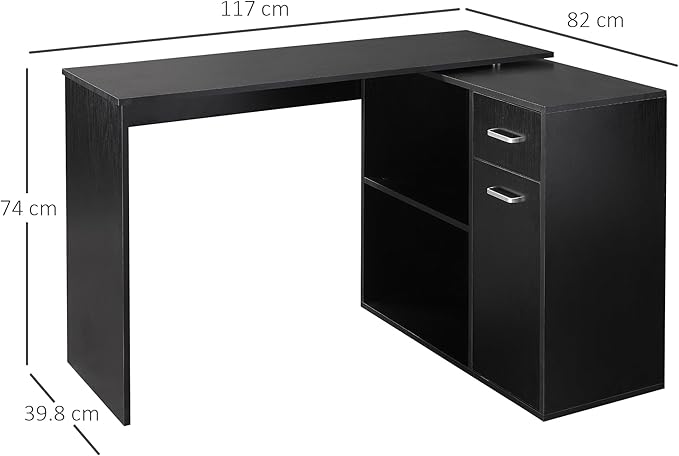 L Shaped Computer Desk 180° Rotating Corner Desk with Storage Shelves Drawer and Cabinet Study Workstation for Home Office Black
