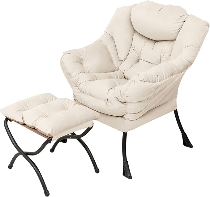 Welnow Lazy Chair with Ottoman Modern Accent Chair with Armrests and a Side Pocket Leisure Sofa Armchair Reading Armchair with Footrest for Small Space Beige