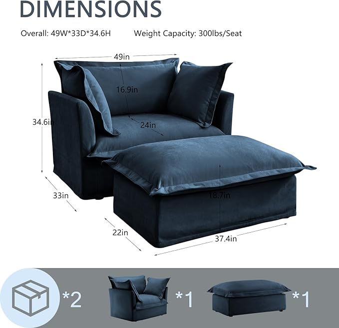 49'' Chenille Chaise Lounge Chair Indoor Oversized Upholstered Sleeper Sofa with Movable Ottoman Removable &amp Washable Sofa Cover for Living Room Home Theater ApartmentBlue