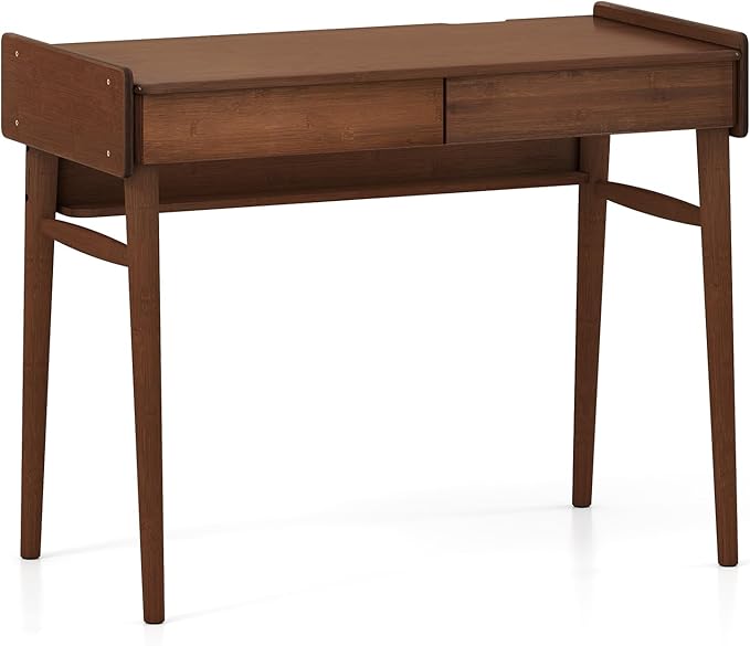 Tangkula Bamboo Mid Century Desk with 2 Storage Drawers Home Office Study Writing Desk with Shelf &amp Cable Management Groove Home Office Desk for Working &amp Learning (Brown)