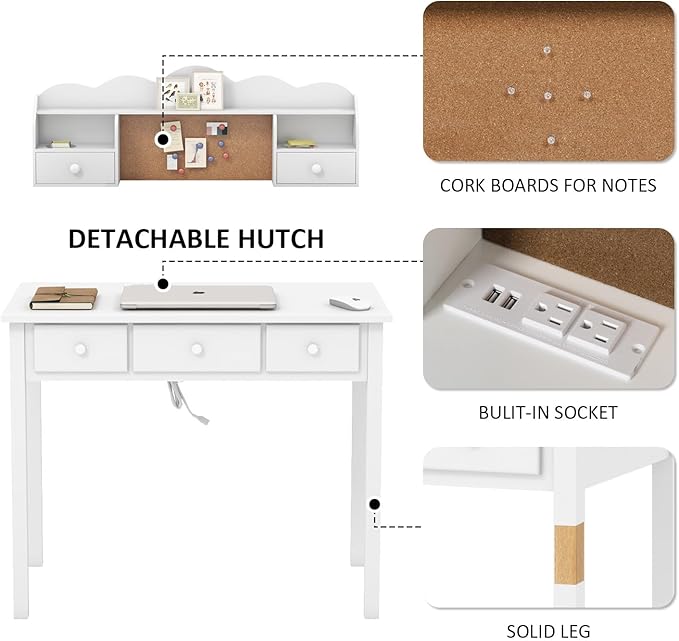 White Writing Desk with Hutch and Drawers 36 Inch Home Office Desk with Charge Station Computer Work Station with Storage Shelf