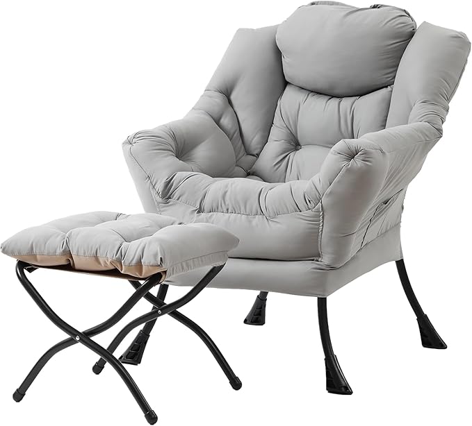 Tiita Lazy Chair with Ottoman Light Grey Modern Large Accent Chair Comfy Leisure Sofa Armchair with Ottoman Reading Chair with Footrest for Bedroom Living Room Dorm Rooms Peach Light Grey