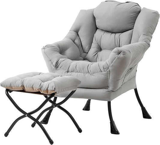 Tiita Lazy Chair with Ottoman Light Grey Modern Large Accent Chair Comfy Leisure Sofa Armchair with Ottoman Reading Chair with Footrest for Bedroom Living Room Dorm Rooms Peach Light Grey