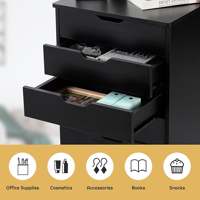 5 Drawers File Storage Cabinet 26.5 Vertical Filling Cabinet for Home Office Under Desk Office Drawer Organizer Universal &amp Lockable Casters Rolling Printer Storage Rack (Black)