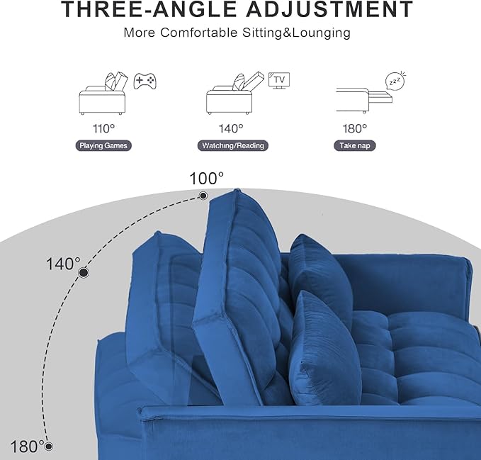 3 in 1 Convertible Sleeper Sofa Bed 55 Pull Out Couches Modern Loveseat Sleeper Sofa with Adjustable Reclining Backrest &amp Side Pockets for Living Room Velvet Fabric Blue