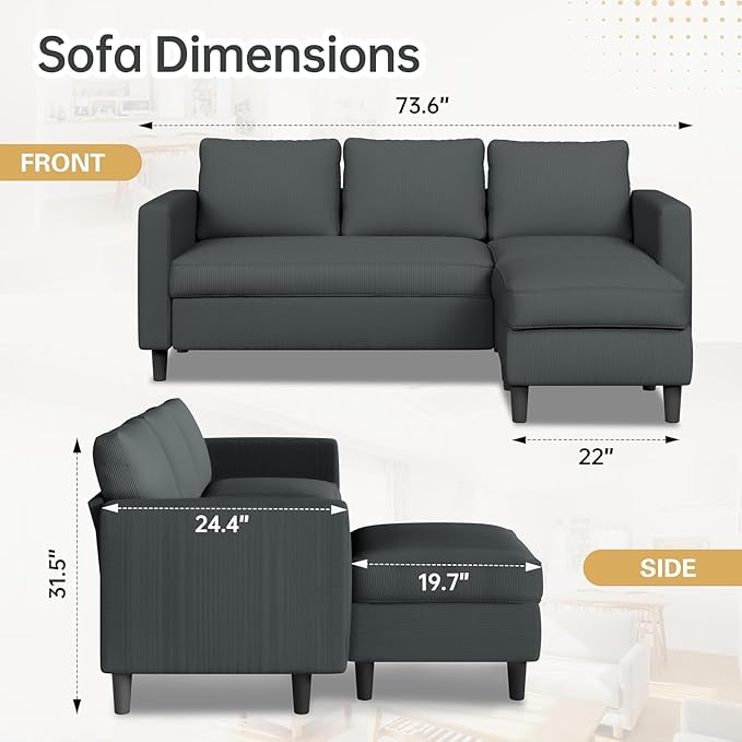 JAMFLY 3-Seat Reversible L-Shaped Sectional Sofa with Convertible Ottoman Modern Upholstered Fabric Couch for Small Living Rooms Apartments &amp Studios Grey