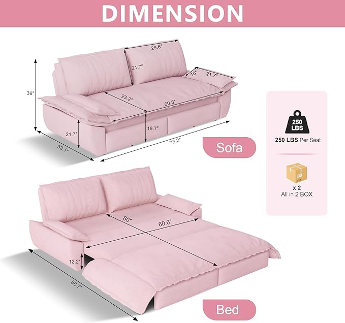 73.2 Queen Size Sofa Bed 3 in 1 Convertible Pull Out Sleeper Sofa with Thicked Cushions and Side Storage Velvet Loveseat Couch for Home Living Room Bedroom Apartment Lounge Small Spaces Pink