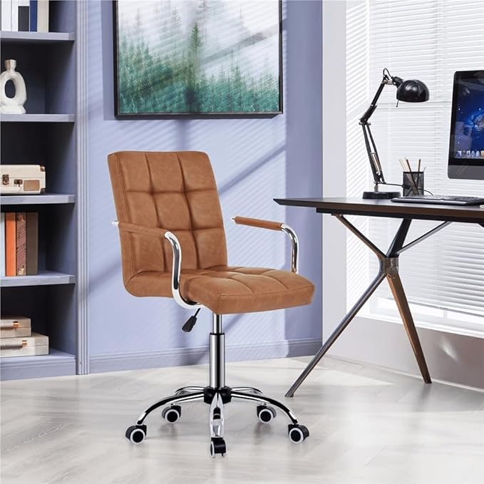 Butterslay Mid-Back PU Leather Office Chair with Armrests 360° Swivel Rolling Height Adjustable Desk Chair with Lumbar Support for Home Office Bedroom White/Pink/Brown/Retro Brown (Retro Brown)