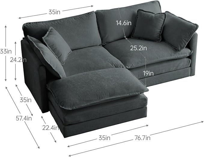 Deep Seat Cloud Loveseat Sofa Sectional Couch with Movable Ottoman 2 Seater Oversized L Shaped Corner Sofa Couches Comfy Chenille Love Seat for Living Room Bedroom Apartment Office