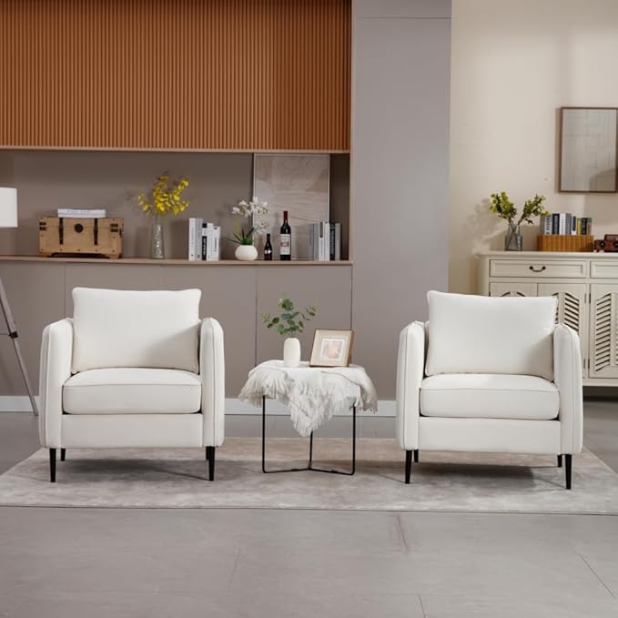 Velvet Accent Chair Mid-Century Modern Armchair with Metal Legs Single Sofa Chair for Living Room Bedroom Office Reading Includes Pillow (Ivory + Steel + Velvet + Wood + 1 Seat + Foam)