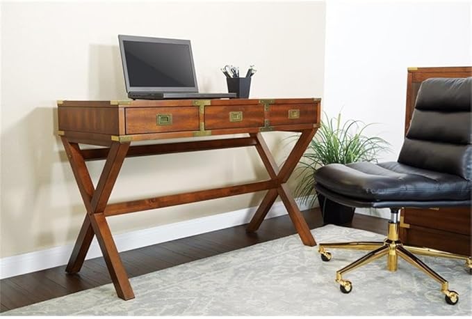 Pemberly Row 46 Writing Desk with Power Station 3 Storage Drawers Solid Wood Toasted Wheat Brown Finish Vintage-Inspired Home Office Desk 46.25 W x 20.25 D x 30.31 H