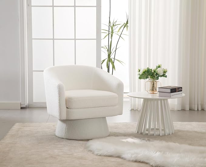 Boucle Swivel Accent Chairs Set of 2 White Barrel Arm Chair Round Cozy Upholstered Modern Sherpa Fabric Single Sofa Chair for Living Room/Bedroom/Reading