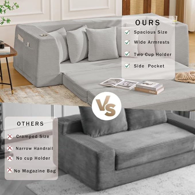 82.25 Convertible Loveseat Sleeper Sofa Bed with Side Pocket 2 in 1 Corduroy Pull Out Bed with 5 Pillows Boneless Couch with 2 Cup Holders and Wide Armrest No Assembly Light Gray