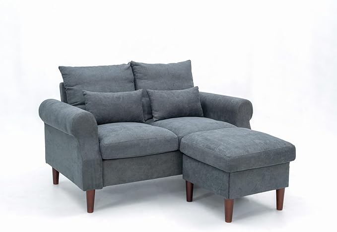 Panana 2 3 5 6 Seater Upholstered Sofa Couch Linen Fabric/Artificial Leather L Shaped Corner Sectional Loveseat Ottoman Modern Living Room Sofa (Gray Linen 2 Seater with Ottoman)