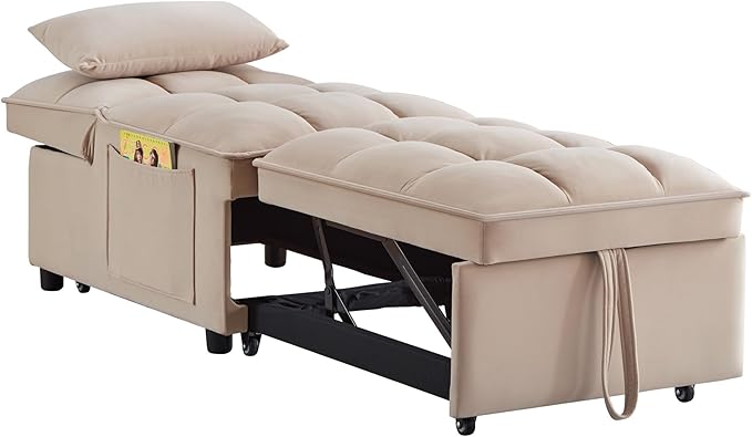 Multi-Function Convertible Single Sleeper Sofa Bed with Storage PocketsVelvet Tufted Pull-Out Couch Bed 4in1 W/Adjustable Backrest &amp PillowsChaise Lounge for Living RoomSmall SpaceTaupe
