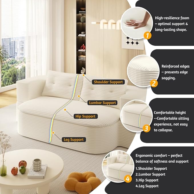 78.7'' Folding Sofa Bed Queen Sleeper Sofa 2-in-1 Convertible Corduroy Boneless Couch with Blanket Modern Futon Loveseat Couches for Living Room Guest Bed No Assembly Couch Beige