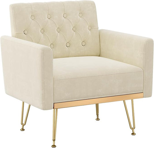 Olela Accent Chair with Arm for Living Room Velvet Modern Armchair Single Sofa Cozy Tufted Upholstered Reading Side Chairs with Gold Metal Leg for Bedroom Decorate