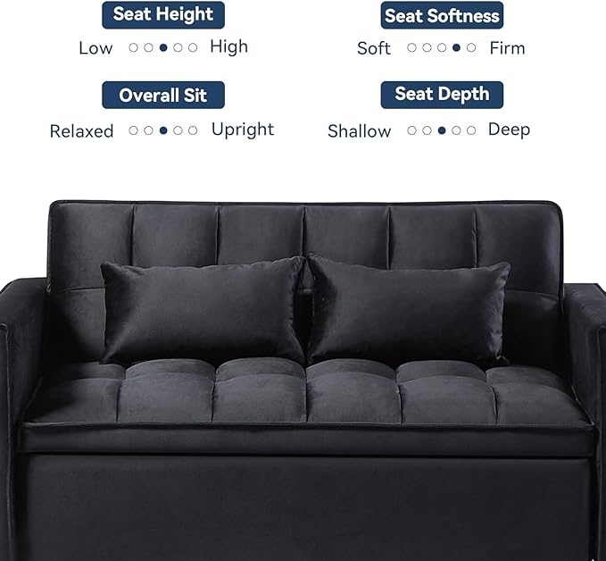 3 in 1 Convertible Sleeper Sofa Futon BedModern Velvet Pull Out Couch Bed with Reclining Backrest&amp2 Pillows54 Full Size Small Love Seat Lounge Couches for Small SpacesLiving Room (Black)