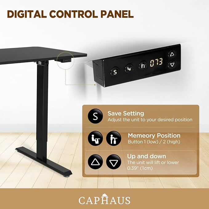 CAPHAUS 48 x 24 Inches Whole-Piece Deskboard Electric Standing Computer Desk Home Office Height Adjustable Desk with Memory Control Panel Black Metal Frame &amp P2 Grade Black Desktop Single Motor