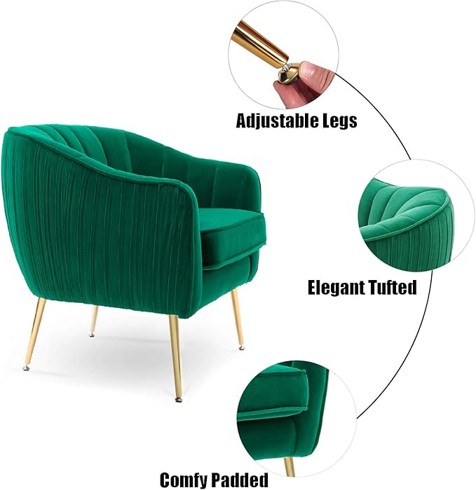 Velvet Accent Chair Modern Barrel Arm Chair with Golden Finished Metal Legs for Living Room and Bedroom Christmas Green