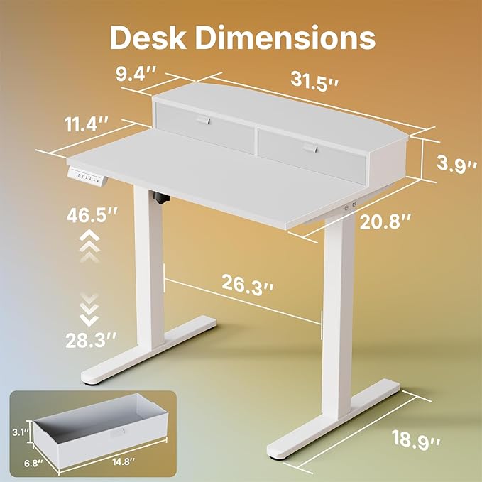 HUANUO 32 x 21 inch Small Electric Standing Desk with 2 Drawers C-Clamp Mount Compatible Height Adjustable Sit Stand Desk Home Office Stand Up Desk with 4 Memory Height Settings White