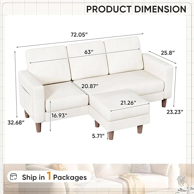 Homall Convertible Sectional Sofa 3 Seat L Shaped Couch with Side Storage Pocket Sofas with Movable Ottoman Small Linen Couches for Living Room &amp Apartment (Linen Fabric White)