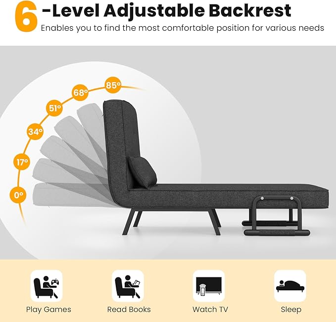 Giantex Convertible Sofa Bed 4-in-1 Sleeper Chair with Pillow Modern Recliner Guest Bed with 6 Positions Adjustable Backrest Metal Legs Linen Fabric Armchairs for Nursery Living Room Office