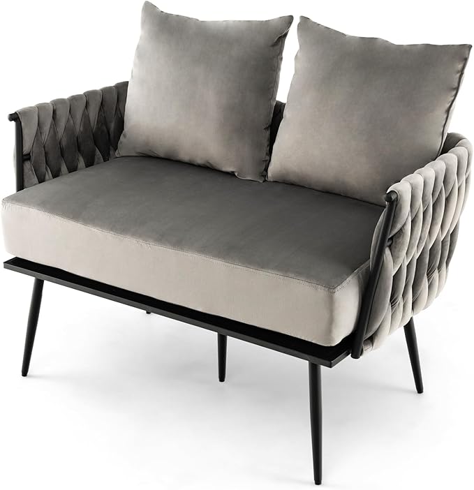 KOMFOTT 43” Loveseat Sofa Modern Upholstered 2-Seat Sofa with 2 Back Pillows Woven Backrest &amp Armrest Mid Century Modern Dutch Velvet Sofa for Living Room Bedroom Apartment (Gray)