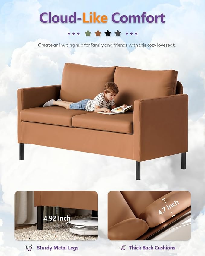 TYBOATLE Modern Faux Leather Small Couches for Small Spaces Comfy Upholstered Brown Love Seat for Bedroom 2 Seater Mini Couch for Dorm Apartment Office Brown